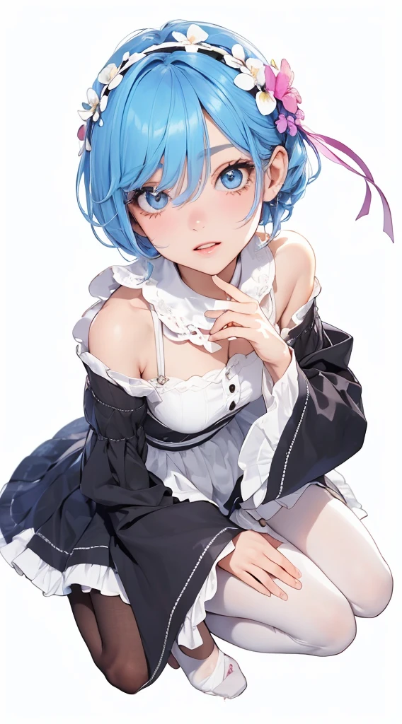 (melhor qualidade,4k,high resolution,obra de arte:1.2),ultra-detalhado,realista,HDR,anime,Garota,cabelo azul,vestido branco,vou negar o assunto,lindos olhos detalhados,beautiful detailed lips,sitting on the floor,flores silvestres ao seu redor,sunlight filtered through the trees,peaceful atmosphere,cores vibrantes,sombras suaves,Estilo sonhador