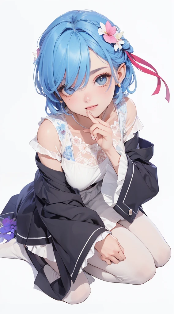 (melhor qualidade,4k,high resolution,obra de arte:1.2),ultra-detalhado,realista,HDR,anime,Garota,cabelo azul,vestido branco,vou negar o assunto,lindos olhos detalhados,beautiful detailed lips,sitting on the floor,flores silvestres ao seu redor,sunlight filtered through the trees,peaceful atmosphere,cores vibrantes,sombras suaves,Estilo sonhador
