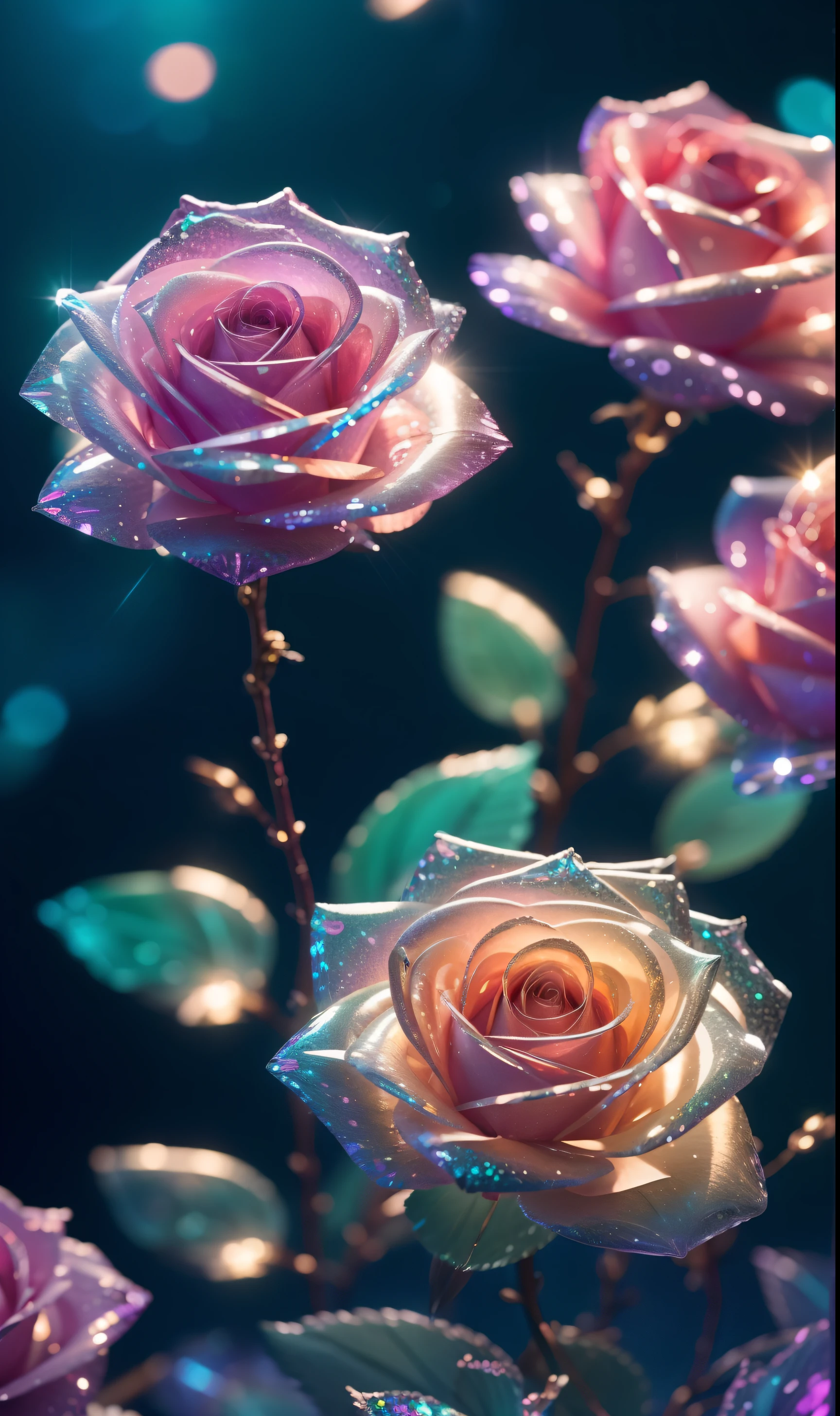 Crystal fantasy, Roses, Full-color, toe-up, countless crystal feathers flutter in the air,
fantasy, galaxy, transparent, shallow depth of field, jade bokeh, sparkling, sparkling, stunning, colourful,
Magical Photography, Dramatic Lighting, photo realism, Ultra Detail, 4K, DOF, High Resolution