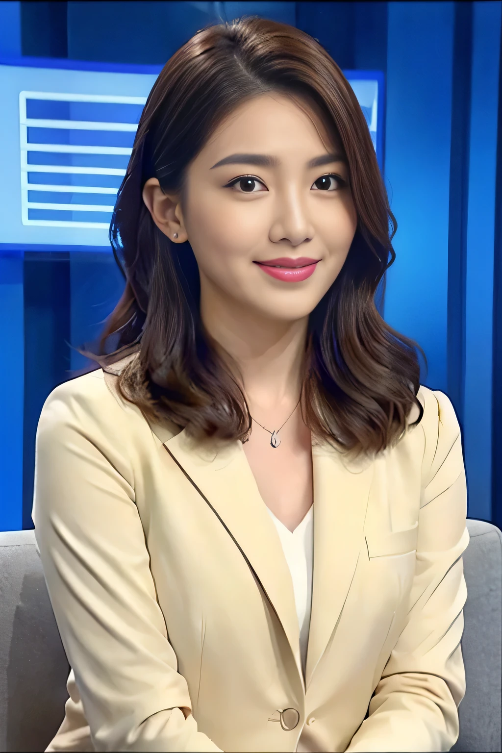 best image quality、ultra high resolution、1 girl、beautiful face、Announcer in a tight suit with long sleeves、Sitting in the studio