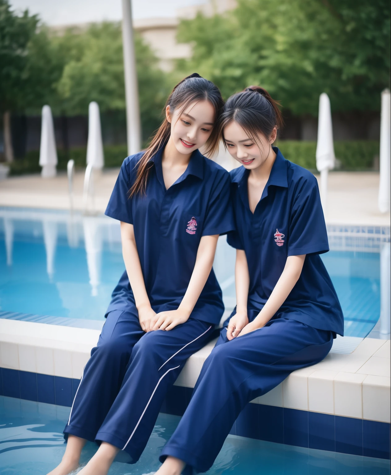 2 girls sitting by the swimming pool, Navy blue short-sleeved shirt,Navy Long Trackpant,Sweatpants, Sweatpantsขายาว,25 year old girl, lesbian, sexy, exercise clothes, wet body, Soak your feet in water