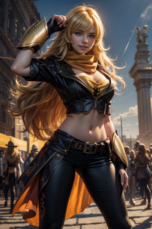 masterpiece, (standing:1.1), dynamic pose, heart shaped face, elegant face, beautiful face, highly detailed face, highly detailed skin, skin pores, subsurface scattering, realistic pupils, looking at viewer, full lips, depth of field, sharp focus, absurdres, realistic proportions, good anatomy, (realistic, hyperrealistic:1.4), 16k hdr, (masterpiece, best quality:1.2), cowboy shot, solo, 1girl, yang xiao long, grin, long blond hair, ahoge, purple eyes, t-shirt, yoga pants, black fingerless gloves, orange scarf, waist cape, midriff, cleavage, large breasts, standing in palace, crowds