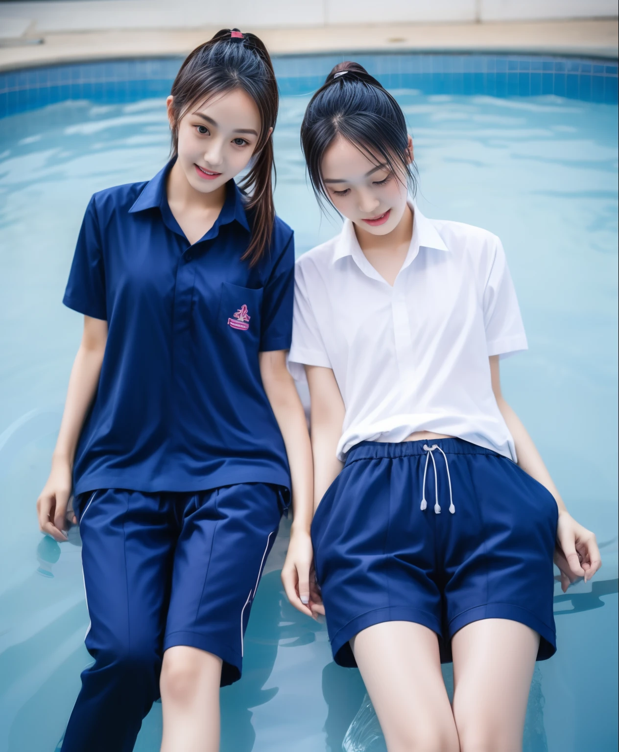 2 girls in the swimming pool, Navy blue short-sleeved shirt,Navy Long Trackpant,Sweatpants, Sweatpantsขายาว,25 year old girl, lesbian, sexy, exercise clothes, wet body, Soak your feet in water