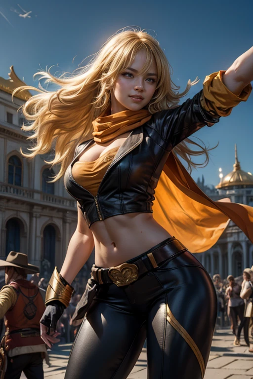 masterpiece, (standing:1.1), dynamic pose, heart shaped face, elegant face, beautiful face, highly detailed face, highly detailed skin, skin pores, subsurface scattering, realistic pupils, looking at viewer, full lips, depth of field, sharp focus, absurdres, realistic proportions, good anatomy, (realistic, hyperrealistic:1.4), 16k hdr,(masterpiece, best quality:1.2), cowboy shot, solo, 1girl, yang xiao long, grin, long blond hair, ahoge, purple eyes, t-shirt, yoga pants, black fingerless gloves, orange scarf, waist cape, midriff, cleavage, large breasts, standing in busy palace forecourt, crowds