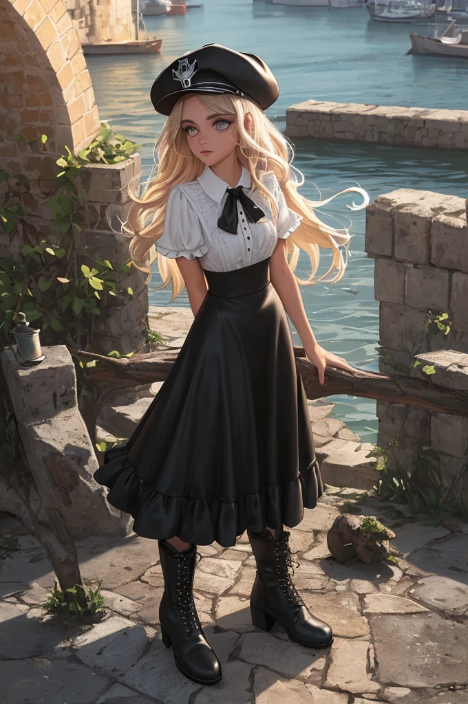 medium shot, medium shot, profundidade de campo, busto, tronco, cinematic angle, obra de arte, melhor qualidade, super detalhado, CG, Papel de parede 8k, cara bonita, Olhos delicados, Uma donzela, Sozinho, cabelo longo branco, olhos amarelos, grampo, camisa branca, jaqueta preta com capuz, black baseball cap, meias pretas, Botas pretas sobre o joelho, sunset, porto medieval, Porto, detailed water surface, Reflexo do sol