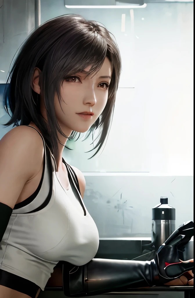 (masterpiece), (highest quality), 8K resolution, Super detailed, Super detailedリエアート, real site, photograph, photorealisticim, (1girl), Tifa, Final Fantasy, Tifaロックハート, rays of the sun, cinematic, cool pose, concrete wall、metal pipes,Detailed beautiful eyes、double eyelid,short cut hair、Dark brown、,slender body shape、Bust B Cup、Gray background