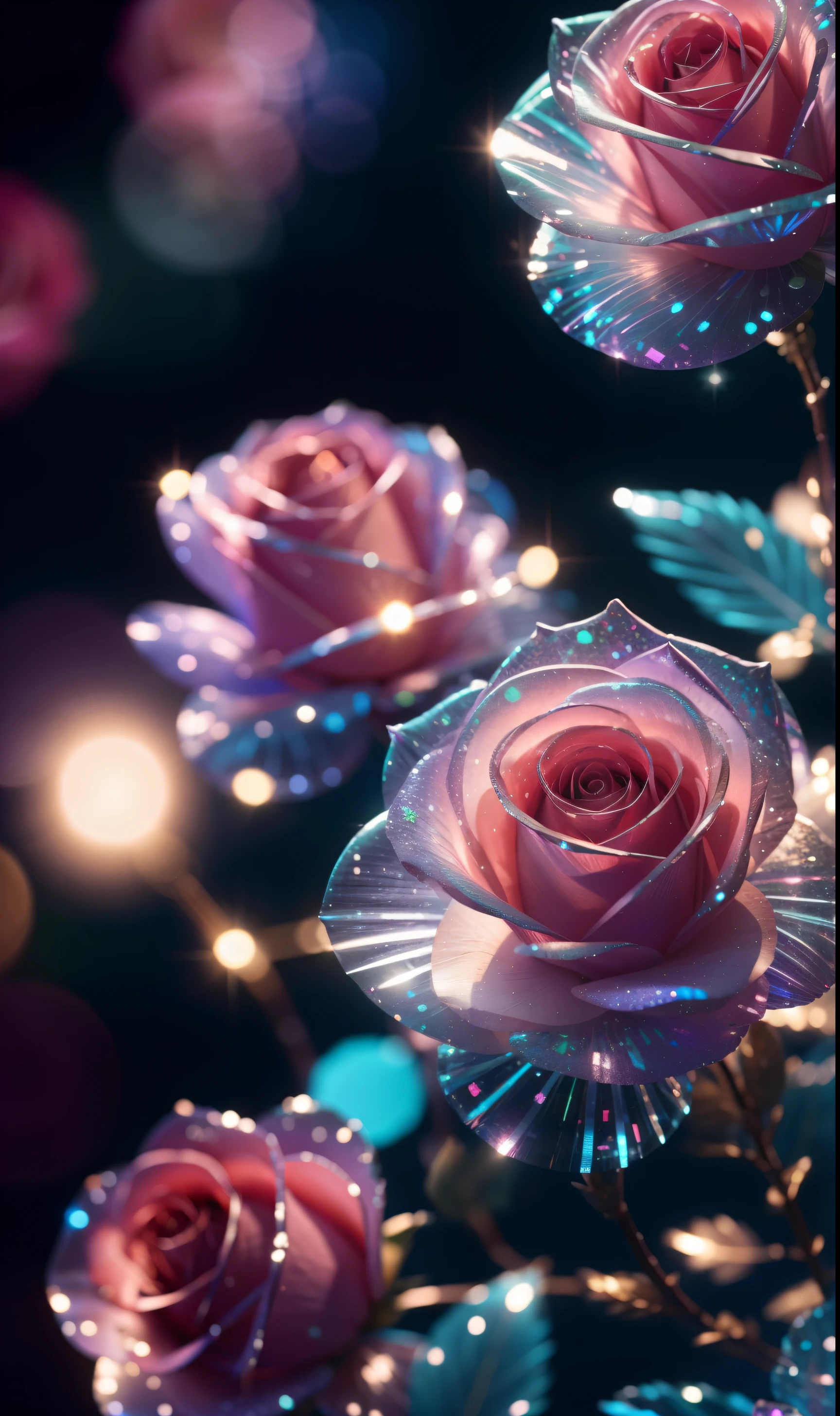 Crystal fantasy, Roses, Full-color, toe-up, countless crystal feathers flutter in the air,
fantasy, galaxy, transparent, shallow depth of field, jade bokeh, sparkling, sparkling, stunning, colourful,
Magical Photography, Dramatic Lighting, photo realism, Ultra Detail, 4K, DOF, High Resolution