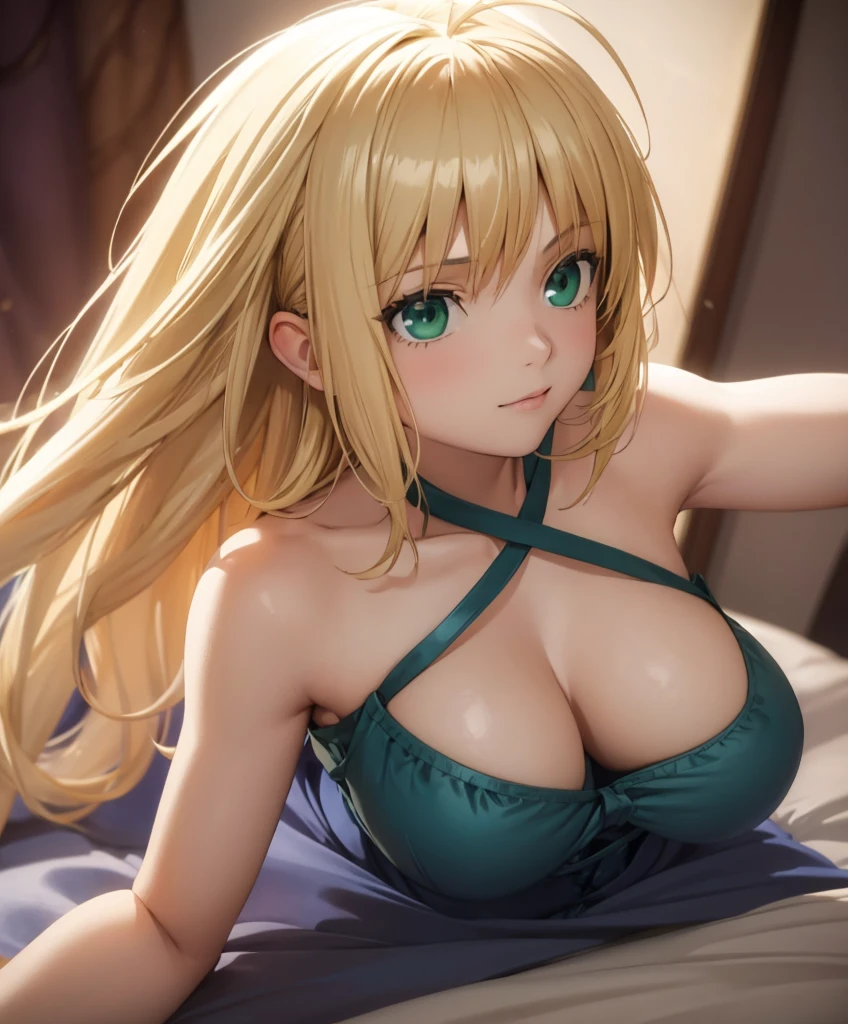 1girl,masterpiece, best quality, high resolution, green eyes, blue criss-cross halter, criss-cross halter, big breasts, nice breasts, pretty, blonde hair, blonde, ahoge bedroom, room, on all fours