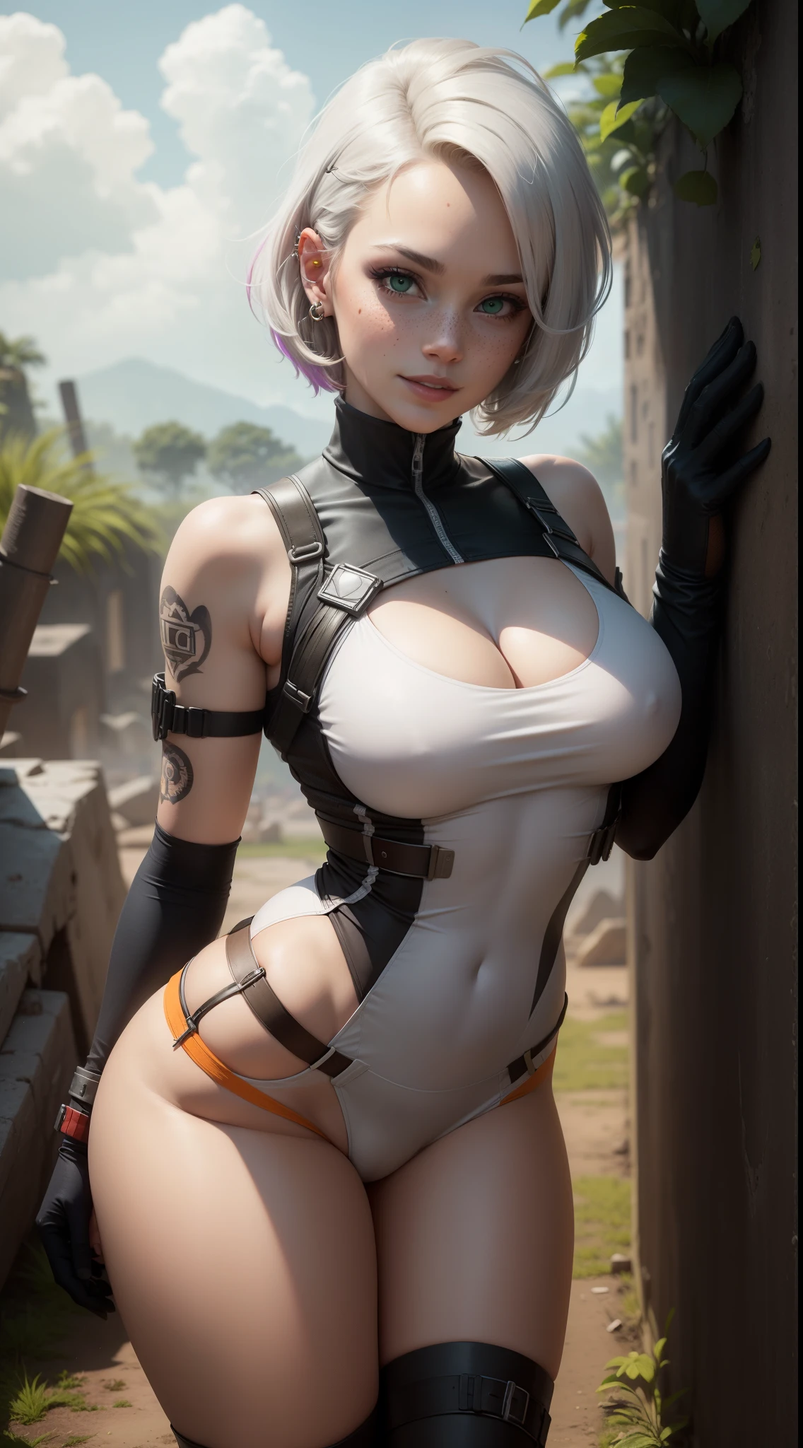 gwen tennyson,yorha 2b,android 18,lara croft,overwatch,tomb raider,close up, amazonian jungle ruins,tattoos,white and orange plugsuit,white short sleeve military leotard,sleeveless military hoodie,tight lycra shorts,military harness,short hair,punk makeup,green eyes,multicolored silver hair, military gloves,sexy smile,freckles,beautiful girl,thigh high military boots,large breasts, 8k,ultra detailed,realistic,fantasy art,fighter stance, military uniform,hair pin,ear piercings,(weather:windy),1girl,military gear,wet shirt,