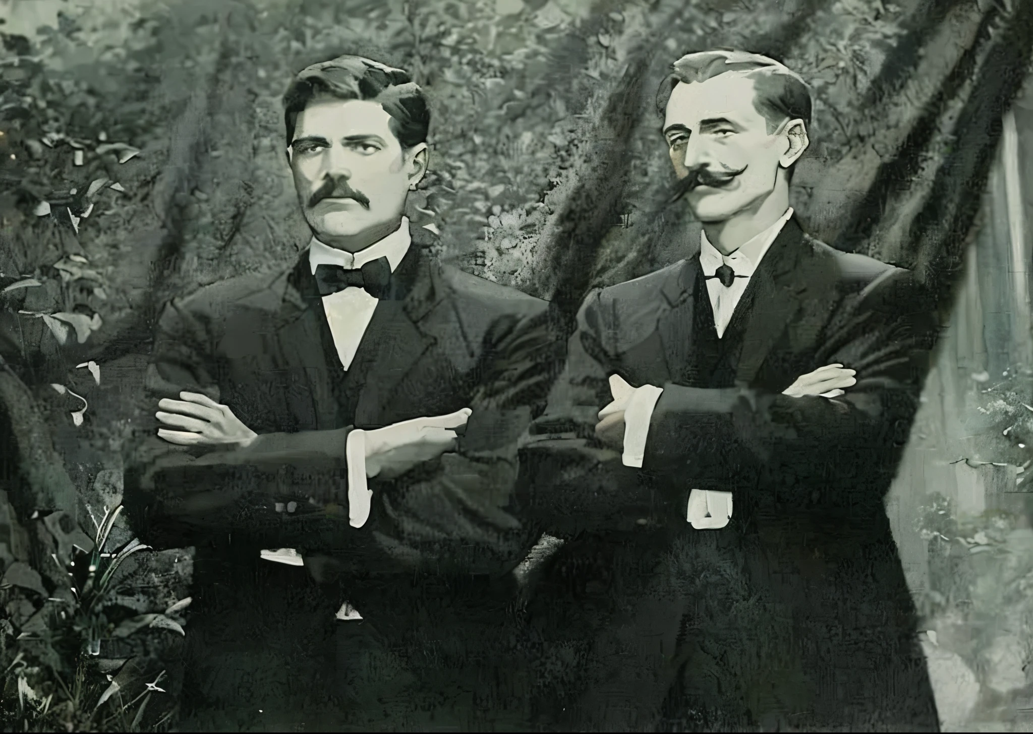 two men in suits and bow ties standing next to each other, dois homens bonitos, Greg Rutkowski e Edgar Maxence, Robert Rubert e John Martin, dois jovens, imagem em tons de cinza 1 9 0 0 s, foto retro preto-branco 1910, taken in the early 1910s, Wyatt Earp e Doc Holliday, cavalheiro, estilo anime.