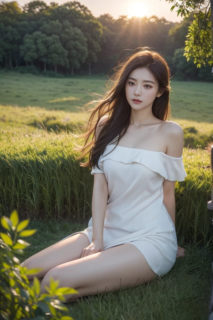 top-quality、masterpiece、超A high resolution、(Photorealsitic:1.30)、Raw foto、Beautiful woman surrounded by grass、Contre-Jour、evening、off shoulders、murky、deep-shadows、Unobtrusive、cold light、sexy appearance、shorth hair、View here