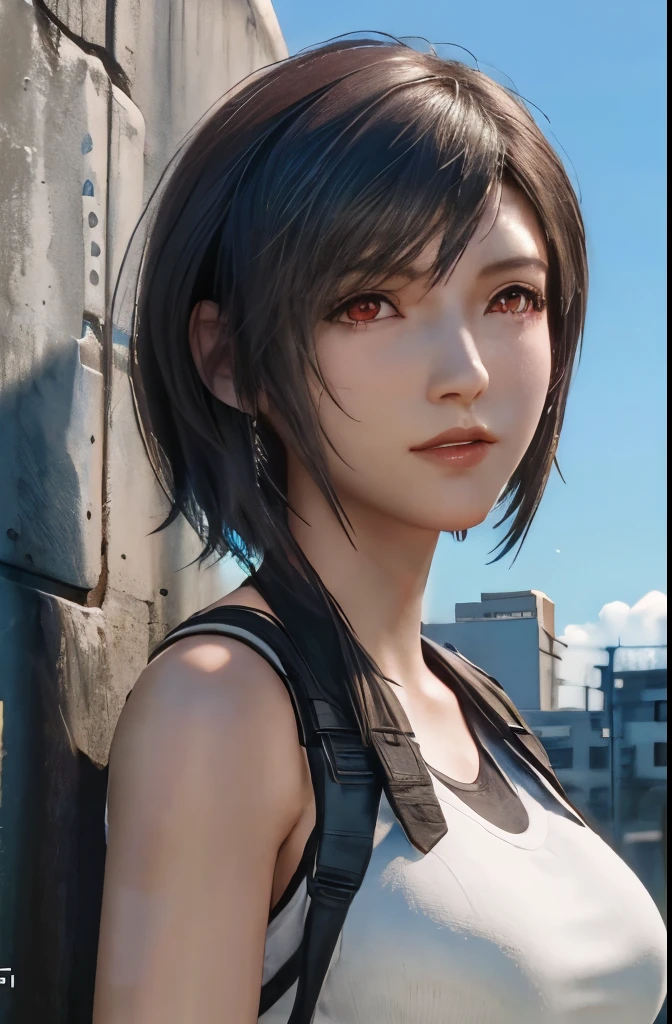 (masterpiece), (highest quality), 8K resolution, Super detailed, Super detailedリエアート, real site, photograph, photorealisticim, (1girl), Tifa, Final Fantasy, Tifaロックハート, rays of the sun, cinematic, cool pose, concrete wall、metal pipes,Detailed beautiful red eyes、double eyelid,short cut hair、Dark brown color,slender body shape,Bust B Cup、Gray background