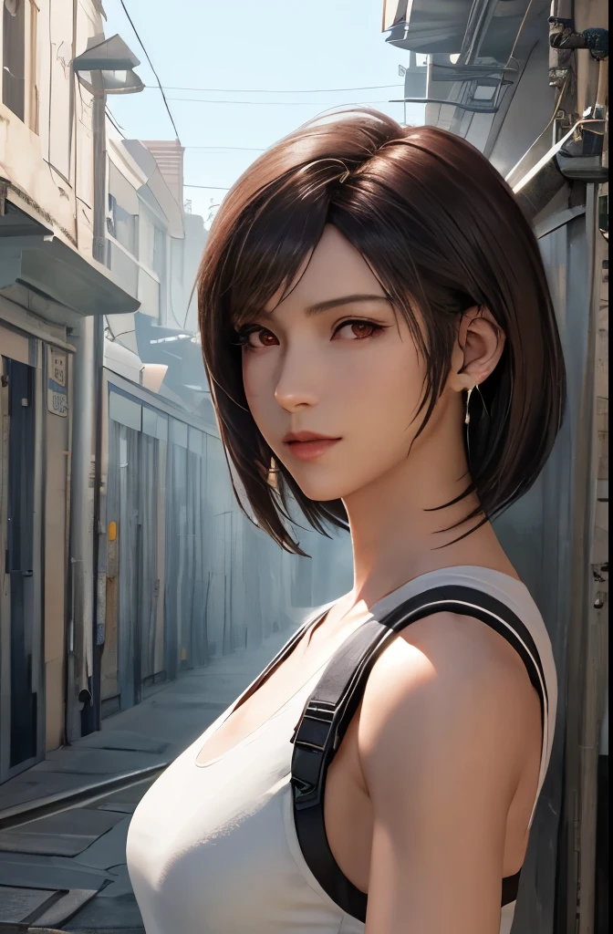 (masterpiece), (highest quality), 8K resolution, Super detailed, Super detailedリエアート, real site, photograph, photorealisticim, (1girl), Tifa, Final Fantasy, Tifaロックハート, rays of the sun, cinematic, cool pose, concrete wall、metal pipes,detail red eyes,Detailed double eyelids,short hair dark brown color,slender body shape,model body shape,bustBcups