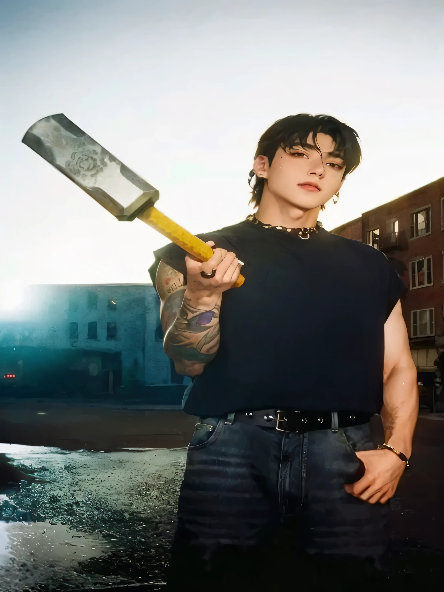 there is a man holding a baseball bat in his hand, com machado, com um machado, Jungkook, Martelo grande, Steven Klein, with leviathan axe, with a two handed axe, hyung tae, bladee da gangue de drenagem, Marcos Lee, segurando um martelo, androgynous person, araki, segurando um machado, estilo araki, taejune kim , bts , bts Jungkook , Jungkook bts , korean boy , face male
