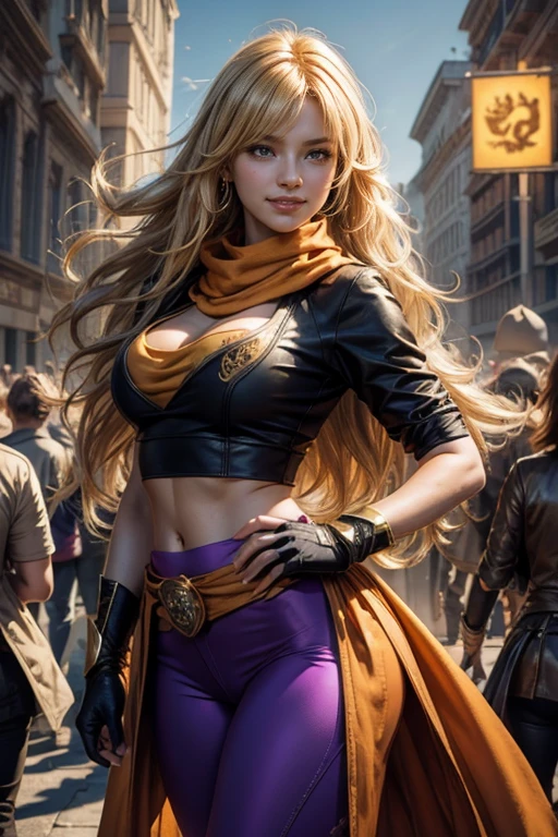 masterpiece, (standing:1.1), dynamic pose, heart shaped face, elegant face, beautiful face, highly detailed face, highly detailed skin, skin pores, subsurface scattering, realistic pupils, looking at viewer, full lips, depth of field, sharp focus, absurdres, realistic proportions, good anatomy, (realistic, hyperrealistic:1.4), 16k hdr, (masterpiece, best quality:1.2), cowboy shot, solo, 1girl, yang xiao long, grin, long blond hair, ahoge, purple eyes, t-shirt, yoga pants, black fingerless gloves, orange scarf, waist cape, midriff, cleavage, large breasts, standing in palace, crowds