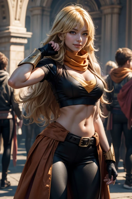 masterpiece, (standing:1.1), dynamic pose, heart shaped face, elegant face, beautiful face, highly detailed face, highly detailed skin, skin pores, subsurface scattering, realistic pupils, looking at viewer, full lips, depth of field, sharp focus, absurdres, realistic proportions, good anatomy, (realistic, hyperrealistic:1.4), 16k hdr, (masterpiece, best quality:1.2), cowboy shot, solo, 1girl, yang xiao long, grin, long blond hair, ahoge, purple eyes, t-shirt, yoga pants, black fingerless gloves, orange scarf, waist cape, midriff, cleavage, large breasts, standing in palace, crowds