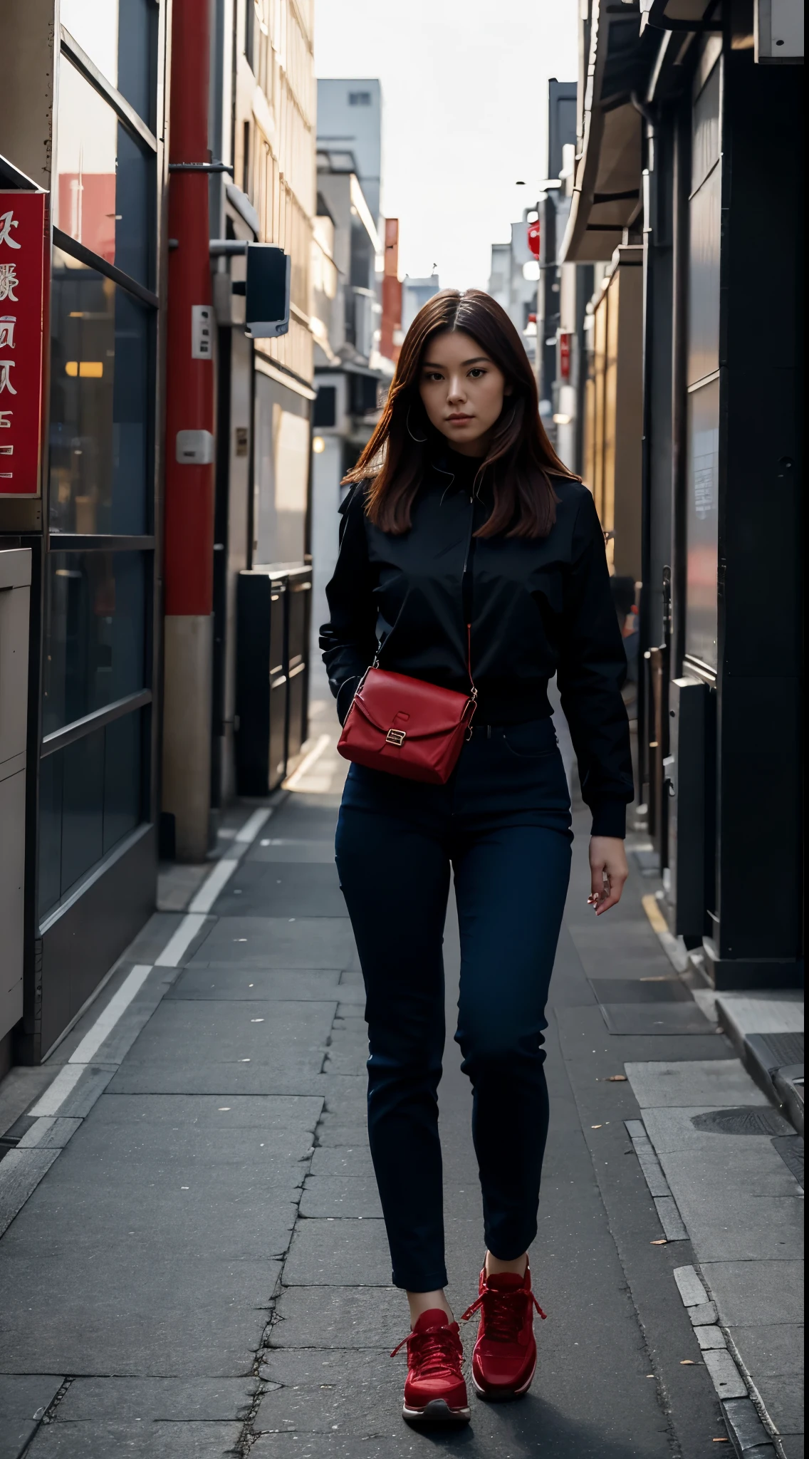A beautiful woman high quality face ,with a red shirt, blue pants, a black jacket, and black shoes is walking in Tokyo. She is carrying a red diplomatic bag as she strolls down the city street. The bustling cityscape provides a dynamic backdrop to her confident stride