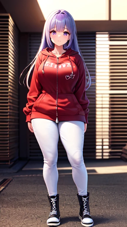 (5 foot 5 inch Anime girl wearing a ((red zip up hoodie over a shirt)), (white jeans), and black knee high lace up converse boots with round toes), Large breasts, thick thighs, cute, full body image, sliver long hair, purple eyes, quality images, ((high quality faces)), underground, standing, shy and cute posing