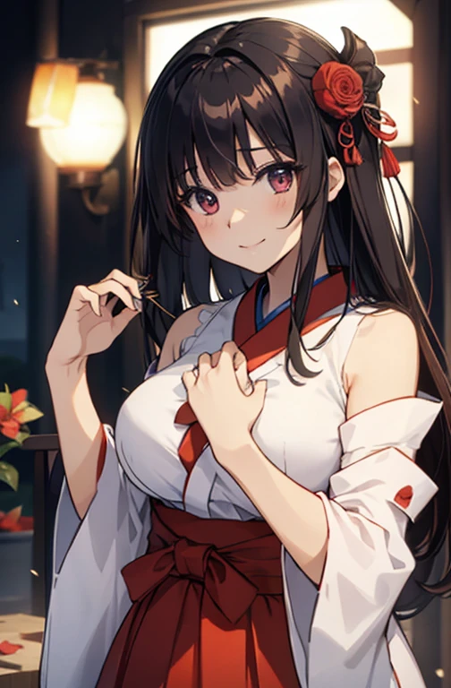 ((highest quality))、((８K))、((High resolution))、((masterpiece))、((Super detailed))、one girl、((Looking at the camera from the front))、((photo from the knees up))、((standing))、Black hair as glossy as lacquer、Pink eyes that sparkle like a rainbow、Quiet and timid big eyes、（(Bangs like Yamato Nadeshiko))、(Brightly colored flower hairpins）、modest smile、Beautiful big breasts with good shape、（Beautiful and bright shrine maiden clothes）、(red long hakama:1.1)、band、No sleeve、wide sleeve、white shirt