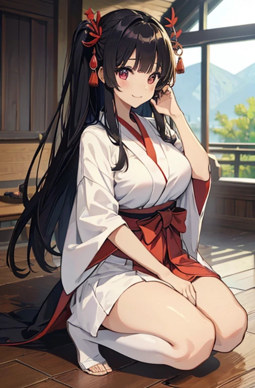 ((highest quality))、((8K))、((High resolution))、((masterpiece))、((Super detailed))、one girl、((Looking at the camera from the front))、((photo from the knees up))、((standing))、Black hair as glossy as lacquer、Pink eyes that sparkle like a rainbow、Quiet and timid big eyes、((Bangs like Yamato Nadeshiko))、(Brightly colored flower hairpins)、modest smile、Beautiful big breasts with good shape、(Beautiful and bright shrine maiden clothes)、(red long hakama:1.1)、band、No sleeve、wide sleeve、white shirt