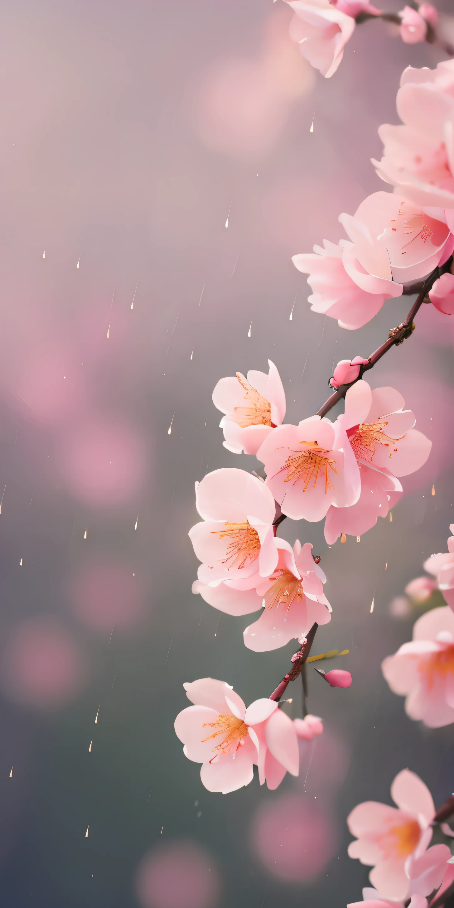 best quality, masterpiece, rainy, willow, peach blossom, dancing petals, high resolution, 8k uhd, high quality, volumetric lighting, high resolution, 4k, 8k, bokeh