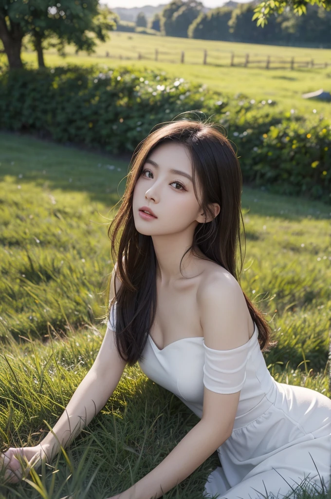 top-quality、masterpiece、超A high resolution、(Photorealsitic:1.30)、Raw foto、Beautiful woman surrounded by grass、Contre-Jour、evening、off shoulders、murky、deep-shadows、Unobtrusive、cold light、sexy appearance、shorth hair、View here