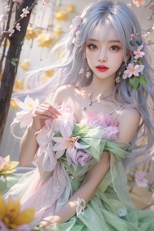 Sweet girl clothes7,skirt, ((knee shot)), One hand resting on his lips、周围头发有白butterflys兰，Lilac dendrobium、orange lily、white lilies、1 girl in、fully body photo、White hair、floated hair、Hazy beauty、A plump chest, Chopping, Have extremely beautiful facial features、Hairpin on the head、Lie in the flowers、Drag your chin with both hands、perfect hand、rosette、(springtime、raining day、butterflys、precipice)、 vectorial art、Chinese contemporary art、Soft lighting、intertwined scarves、looking-down