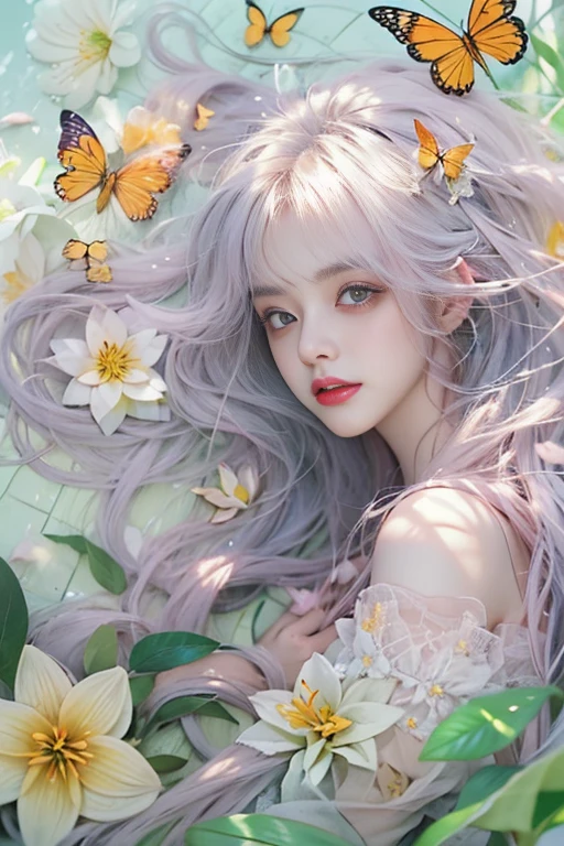 Sweet girl clothes7,skirt, ((knee shot)), One hand resting on his lips、周围头发有白butterflys兰，Lilac dendrobium、orange lily、white lilies、1 girl in、fully body photo、White hair、floated hair、Hazy beauty、A plump chest, Chopping, Have extremely beautiful facial features、Hairpin on the head、Lie in the flowers、Drag your chin with both hands、perfect hand、rosette、(springtime、raining day、butterflys、precipice)、 vectorial art、Chinese contemporary art、Soft lighting、intertwined scarves、looking-down