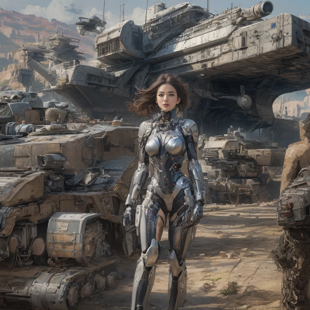 Ultra realistic 16K CG, masterpiece, Best Composition, Photo quality, Against the backdrop of an imperial star cruiser taking off, detailed imperial super tank, side view, high detail, Lots of elements, immense detail, armored tracked vehicles, flying cargo ships, Sun rays, on the sides there are many detailed artillery batteries, The Distant Future, cyborg soldiers, Grand Canyon in the background, there are cyborgs and spider robots, girl portrait of a girl, detailed face, Detailed body, super skin, landing is underway, Very beautiful legs, Photo quality, Tank attack,