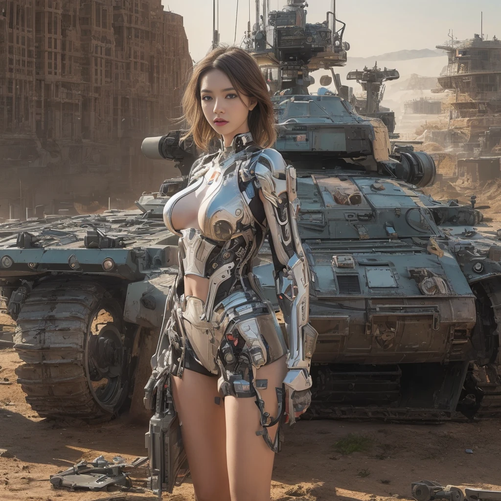 Ultra realistic 16K CG, masterpiece, Best Composition, Photo quality, Against the backdrop of an imperial star cruiser taking off, detailed imperial super tank, side view, high detail, Lots of elements, immense detail, armored tracked vehicles, flying cargo ships, Sun rays, on the sides there are many detailed artillery batteries, The Distant Future, cyborg soldiers, Grand Canyon in the background, there are cyborgs and spider robots, girl portrait of a girl, detailed face, Detailed body, super skin, landing is underway, Very beautiful legs, Photo quality, Tank attack,