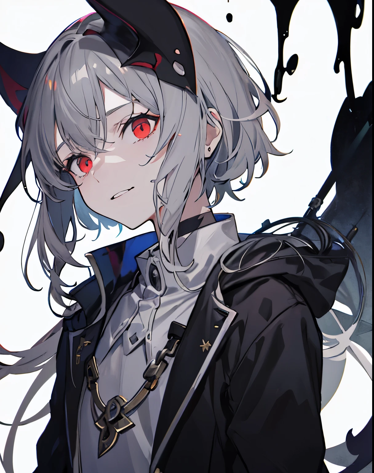 A girl, solo, masterpiece, best quality, gray hair, gray hair, gray hair, red eyes, blackening, darkness, sickle, shadow, villain, sneer, look down, black shadow, sticky black liquid, gloomy, white background