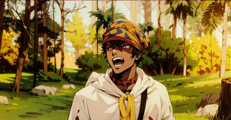 personagem de anime, garoto, pele escura, pele marrom, olhos vermelhos, expression of fury, Arab tactical cloth covering the head, durag covering the head, dentes caninos de vampiro, metal rock chain around the neck, movimento de ataque, floresta pegando fogo de fundo