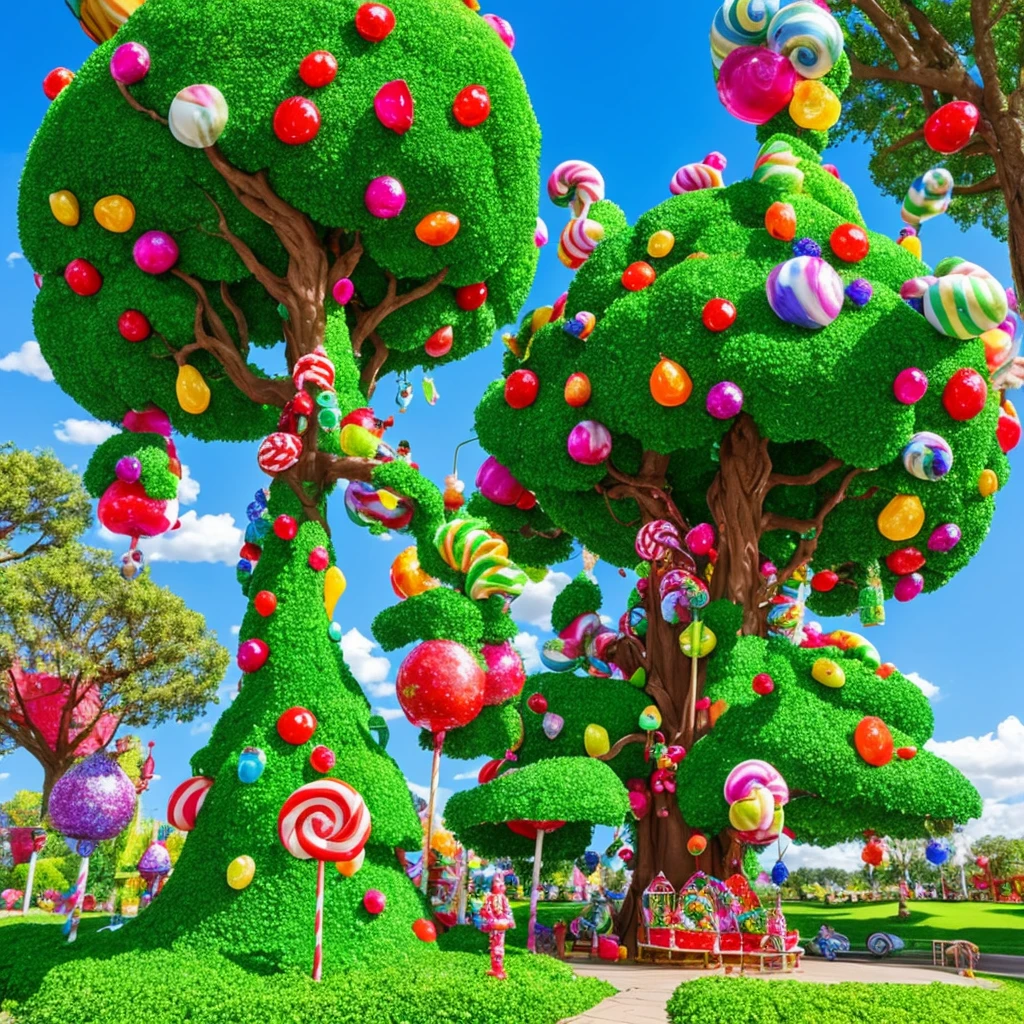 One enchanting tree made of countless sweets, standing tall at 1.5 meters in length, grips the imagination in a picture book style fantasy world. With a whimsical charm, this 3D animated tree invites wonder and delight. Candy apples, lollipops, and gummy bears adorn each branch, their vibrant colors popping against the lush, green foliage. The tree's trunk is a delightful blend of assorted candies, leading to a captivating sugar-coated haven. This magical tree is a testament to the limitless possibilities of a fantastical universe.