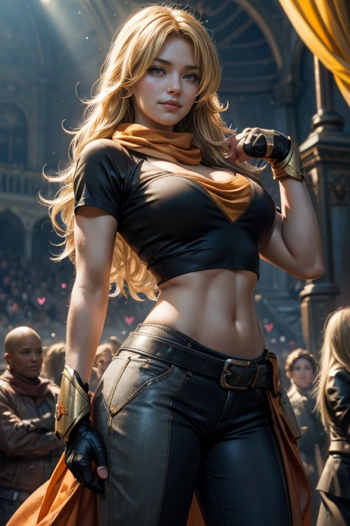 masterpiece, (standing:1.1), dynamic pose, heart shaped face, elegant face, beautiful face, highly detailed face, highly detailed skin, skin pores, subsurface scattering, realistic pupils, looking at viewer, full lips, depth of field, sharp focus, absurdres, realistic proportions, good anatomy, (realistic, hyperrealistic:1.4), 16k hdr,(masterpiece, best quality:1.2), cowboy shot, solo, 1girl, yang xiao long, grin, long blond hair, ahoge, purple eyes, t-shirt, yoga pants, black fingerless gloves, orange scarf, waist cape, midriff, cleavage, large breasts, standing in busy palace forecourt, crowds