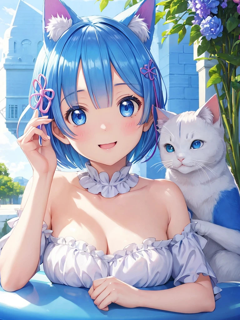 masterpiece, best quality, ultra-detailed, Rem、Re:zero、short hair、blue eyes、smile、white background、A very surprised face、cute、blue hair、bright background、Surprise version、flashy、riding in a convertible、Cat ear、Big、Upper body、