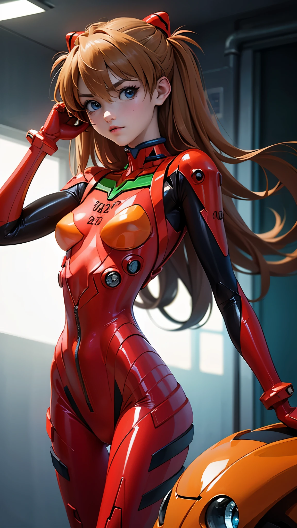 (La mejor calidad,A high resolution,Ultra - detallado,actual), Asuka langley , ojos azules detallados, rubor, adorno para el pelo, Chignon Cabello Caoba, (pelo rubio), (Traje de enchufe:1.2),(Shikinami Asuka Langley:1.4), (fondo laboratorio Robotic futuristic colors:1.4), ,More detailed 8K.motor irreal:1.4,UHD,La mejor calidad:1.4, fotorrealista:1.4, textura de la piel:1.4, obra maestra:1.8,obra-prima, mejor calidad,objeto Objeto], (detailed face features:1.3),(convexo, Dedos detallados)，(fishnet:1.4),(Ojos hermosos azules  ,(pose vaquero ),( 5 Dedos) 