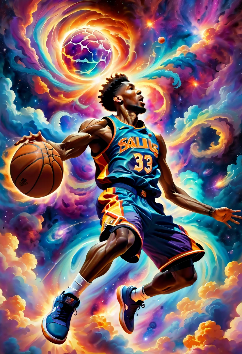 Create an expressive oil painting depicting a basketball player dunking, portrayed as an explosion of a nebula. The basketball player should be captured in a dynamic and powerful pose, mid-dunk, with the body and movement seamlessly blending into the vibrant and colorful cosmic clouds of a nebula. The overall scene should convey a sense of energy, motion, and grandeur, as the act of dunking is artistically transformed into a spectacular cosmic event. The painting should use vivid colors and dramatic brushstrokes to emphasize the explosive and celestial nature of the scene.