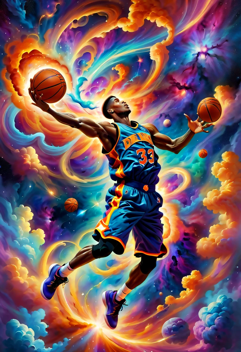Create an expressive oil painting depicting a basketball player dunking, portrayed as an explosion of a nebula. The basketball player should be captured in a dynamic and powerful pose, mid-dunk, with the body and movement seamlessly blending into the vibrant and colorful cosmic clouds of a nebula. The overall scene should convey a sense of energy, motion, and grandeur, as the act of dunking is artistically transformed into a spectacular cosmic event. The painting should use vivid colors and dramatic brushstrokes to emphasize the explosive and celestial nature of the scene.