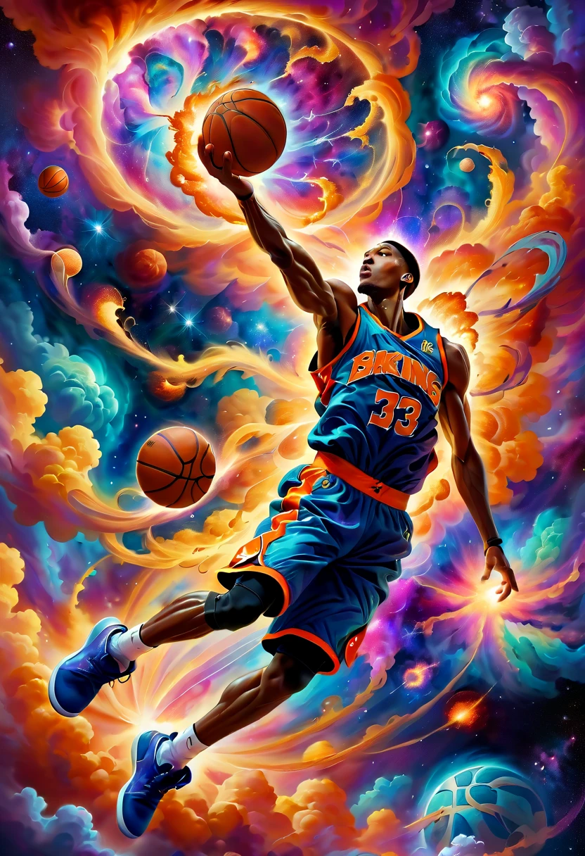 Create an expressive oil painting depicting a basketball player dunking, portrayed as an explosion of a nebula. The basketball player should be captured in a dynamic and powerful pose, mid-dunk, with the body and movement seamlessly blending into the vibrant and colorful cosmic clouds of a nebula. The overall scene should convey a sense of energy, motion, and grandeur, as the act of dunking is artistically transformed into a spectacular cosmic event. The painting should use vivid colors and dramatic brushstrokes to emphasize the explosive and celestial nature of the scene.