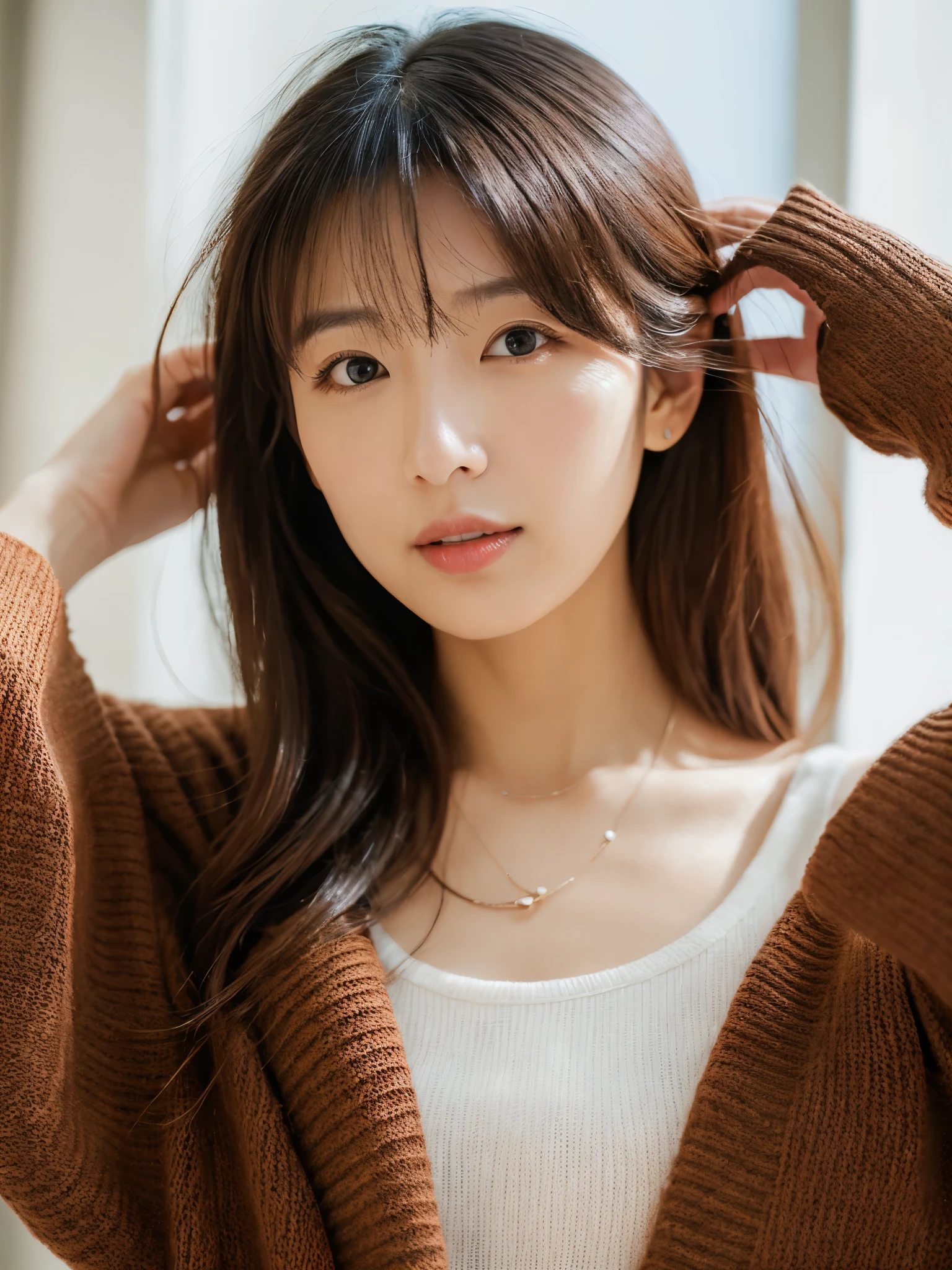 ((masutepiece,top-quality)), (photographrealistic:1.4),((masutepiece,8K))、white wall、(white room)、((full body photo))、shot in natural light、Highly detailed face and skin texture、highly detailed lips、correct state of the human body、Super high resolution、(Photoreal:1.4)、top quality, 1 beautiful woman, 38 years old, s, 180mm lens、Light yellow Knit、(Dark brown medium hair)、Japanese woman、(dark brown hair)、Versatile poses、looking at the camera、natural color lip、Winter clothes、 necklace、屋内