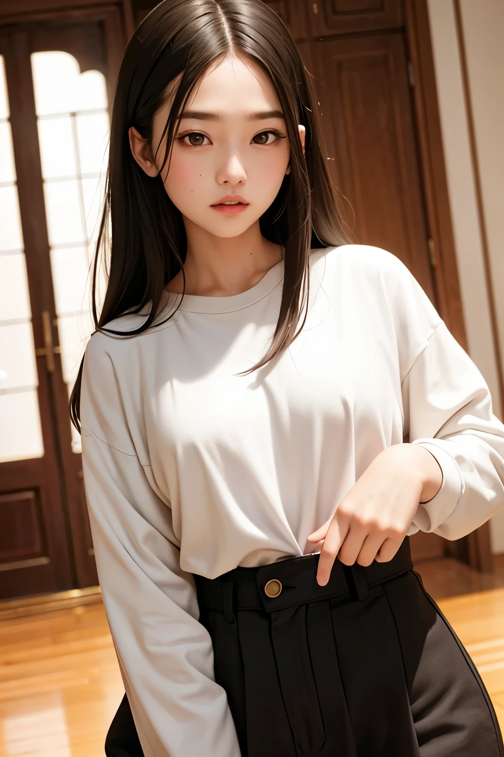 ((best quality)), ((masterpiece)), (detailed), asian, small breasts, oversized clothes, , short, long hair, young, swept banga,