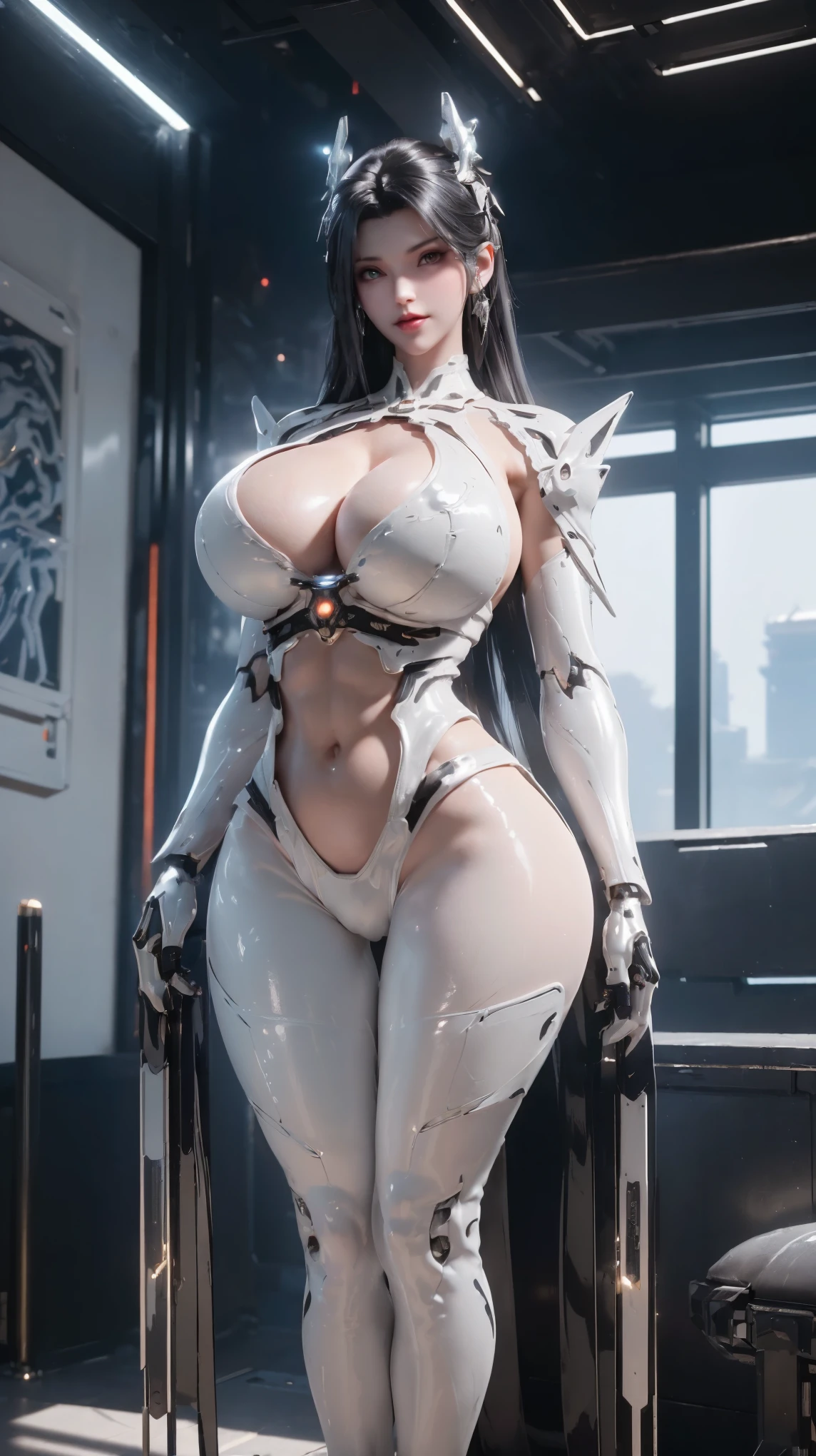 UPPER BODY,CLOSE UP HALF BODY,SOLO,(BEAUTY BLACK HAIRSTYLE,MECHA PHOENIX HELMET), (HUGE FAKE BREASTS,BUSTY,CLEAVAGE,MUSCLE ABS,NSFW CONTENT:1.5), ((WEAR BLACK,WHITE SHINY MODERN FUTURISTIC MECHA SKIMPY MINI BIKINI:1.5)),(CURVY MUSCULAR BODY MATURE WOMAN:1.5), (SWEATY GLOSSY BODYSKIN:1.5), (LOOKING AT VIEWER:1.6),(HALLROOM OF FUTURISTIC SPACE STATION:1), (PHOTOREALSITIC:1.4), (ULTRA-DETAILLIERT), (TOP-QUALITY), (BEST SHADOWS), (MASTERPIECE), BRIGHT LIGHT IN ROOM, HYPER TEXTURE, (4X MSAA), ((UNREAL ENGINE 5 RENDER)), PHYSICALLY-BASED RENDERING, ULTRA HIGHT DEFINITION, 16K, 1080P.