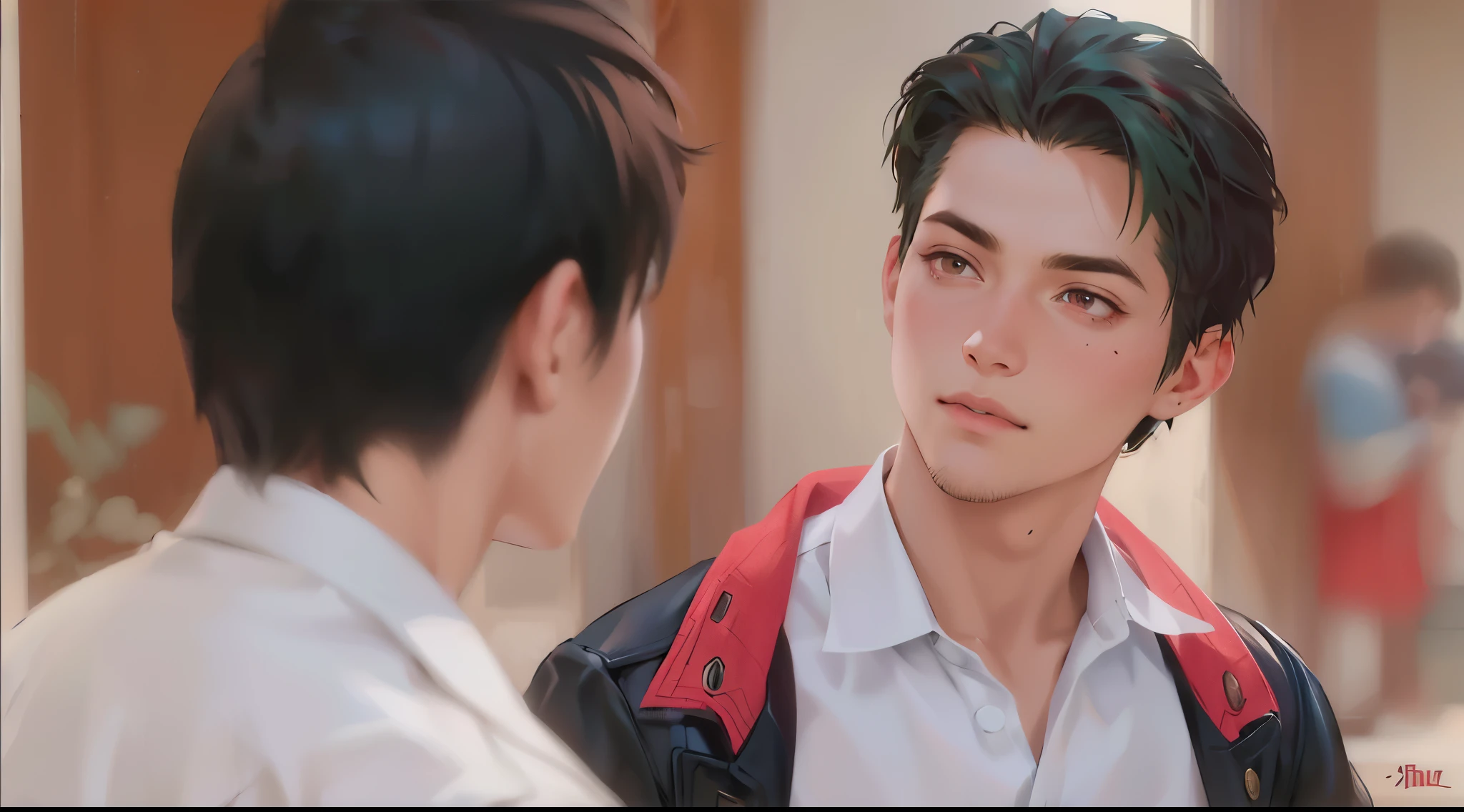 I imagined a young, attractive boy with short blonde hair and red eyes and a young, cute boy with sky green hair coming out...