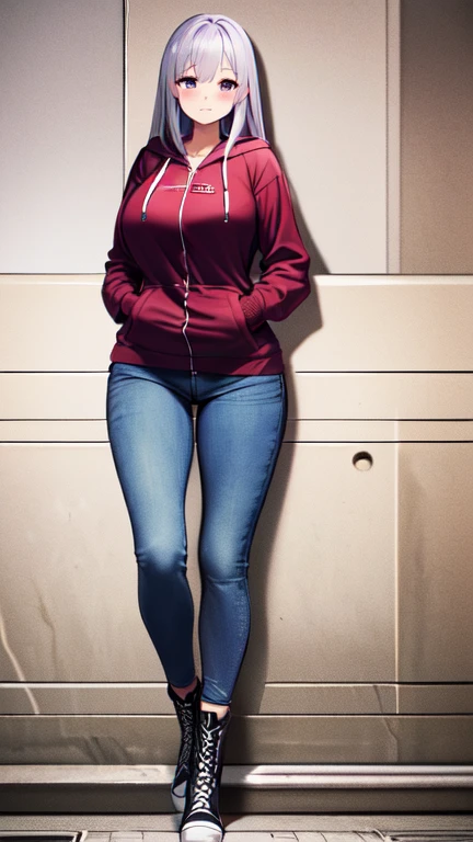 (5 foot 5 inch Anime girl wearing a ((red zip up hoodie)), (blue jeans), and black knee high lace up converse boots with round toes), Large breasts, thick thighs, cute, full body image, sliver long hair, back view, purple eyes, quality images, ((high quality faces)), underground, standing, shy and cutely posing