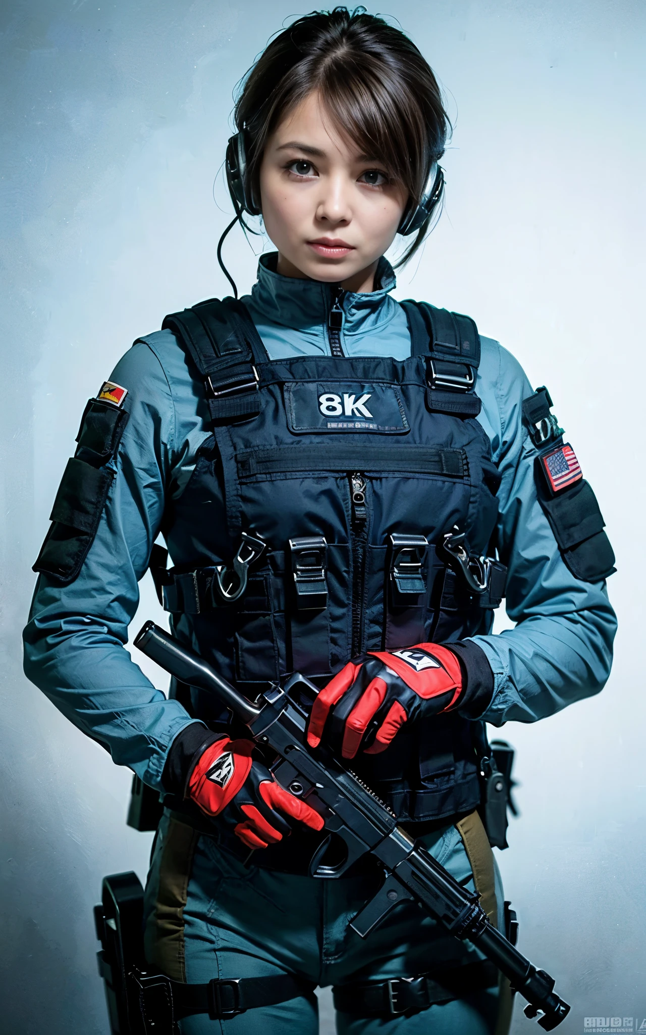 ((Best Quality, 8K, Masterpiece: 1.3)), ((best quality)), photorealistic, photorealism, Photorealistic, high resolution, 1girl aiming with an ak-47 assault rifle, Combat pose, looking at the camera, (Detailed face), short hair, (wearing red rubber suit, tactical vests, military harness, black gloves, high-tech headset), cloths color based on black dark blue), revealed thigh, Gun, Fingers are occluded, concrete wall background,