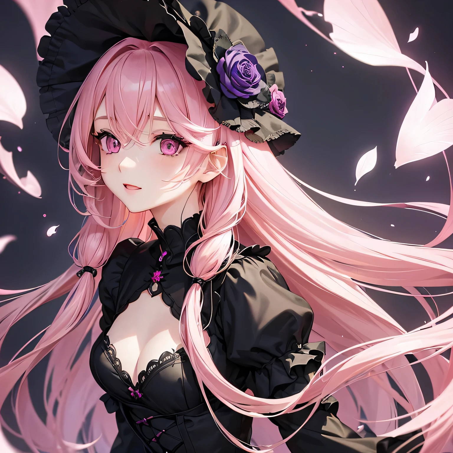 1 girl,Depp's Sense,confused,catch light,Super beautiful illustration,(pink hair,long hairstyles:1.3),turn around,eye shadow,(black clothes,Gothic Lolita),Upper body,;d,beautiful and delicate flowing hair,(delicate and detailed purple eyes),emphasized chest