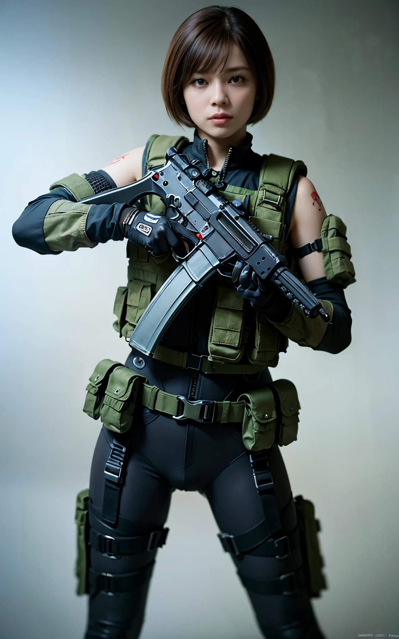 ((Best Quality, 8K, Masterpiece: 1.3)), ((best quality)), photorealistic, photorealism, 1girl aiming with an ak-47 assault rifle, Combat pose, Photorealistic, high resolution, looking to the camera, (Detailed face), short black hair, red rubber suit, tactical vests, military harness, revealed thigh, Gun,black gloves, high-tech headset, Fingers are occluded, concrete wall background,