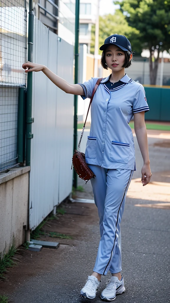 whole、whole body、poses to take pictures、The path to transformation、Female baseball player turns into a nurse、detailed face、Hires,The baseball uniform changes smoothly into a collared nurse uniform.,Hires,1girl,poses to take pictures、Baseball cap transforms into a nurse cap、short hair、Smart style、