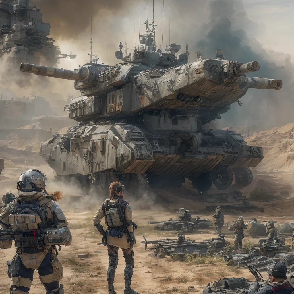 Ultra realistic 16K CG, masterpiece, Best Composition, Photo quality, post apocalypse, Cyberpunk, Against the backdrop of an imperial star cruiser taking off, detailed imperial super tank, side view, high detail, Lots of elements, immense detail, armored tracked vehicles, flying cargo ships, Sun rays, on the sides there are many detailed artillery batteries, The Distant Future, cyborg soldiers, Grand Canyon in the background, there are cyborgs and spider robots, girl portrait of a girl, the citadel is being stormed, fire, soot, enemy corpses are scattered, detailed face, Detailed body, super skin, landing is underway, Very beautiful legs, Photo quality, Tank attack, broken military equipment.