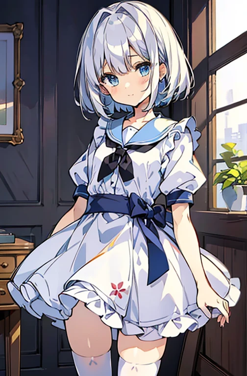 ((highest quality))、((８K))、((High resolution))、((masterpiece、Super detailed))、一人little girl、（height 140ｃｍlittle girl）、((Looking at the camera from the front))、((photo from the knees up))、((standing))、beautiful and delicate blue eyes、beautiful smooth silver hair、Fluffy short hair、gentle and adorable big eyes、smile、((Perfect and beautiful fingertips))、A  wearing a clear light blue sailor suit、flat chest、(white stockings)